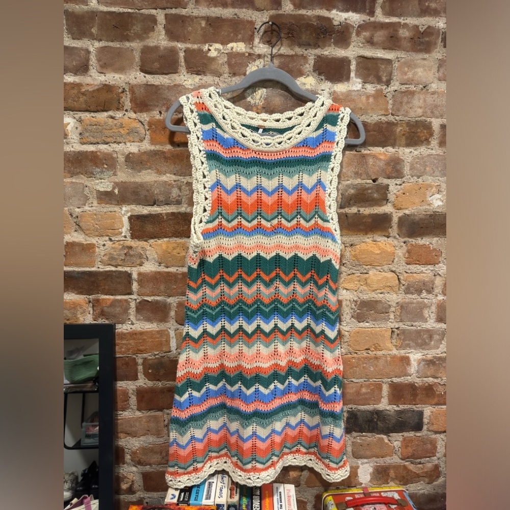 Free People Multicolor Crochet Mini Dress - Green, Pink, Blue, Orange, Cream - Picture 4 of 5